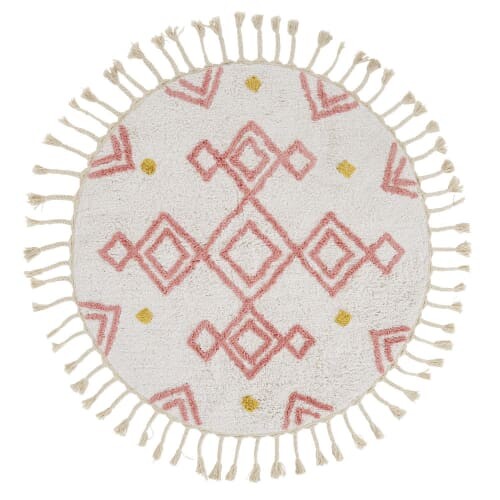 Tapis berbère rond en coton écru, rose et jaune moutarde à motifs D120 | Maisons du Monde