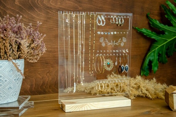 Collier et support de boucle d’oreille avec base en bois, Support à bijoux à thème fleuri, Organisateur de boucles d’oreilles en acrylique transparent avec fleurs gravées,