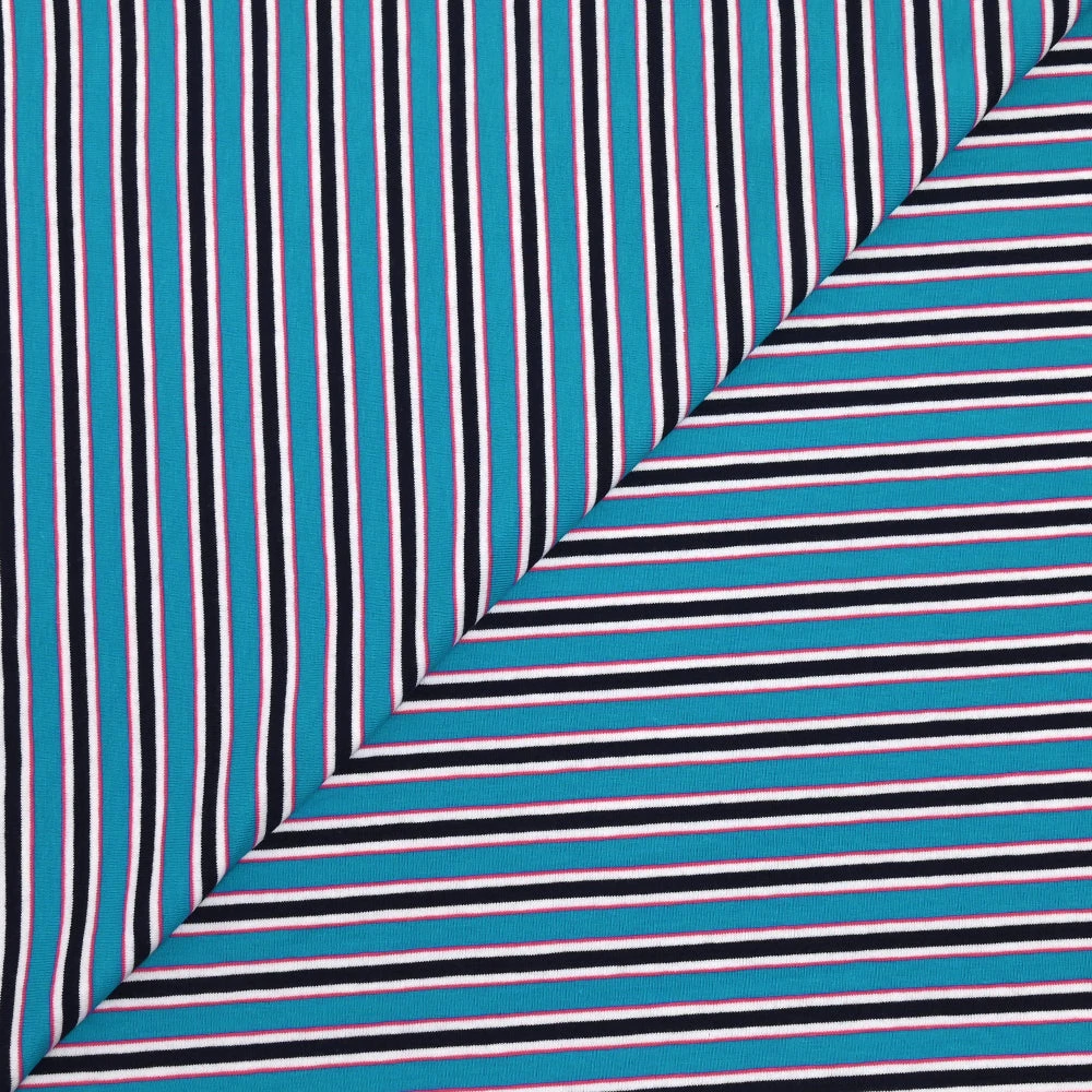Jersey de coton rayures bleu nuit et roses fond turquoise