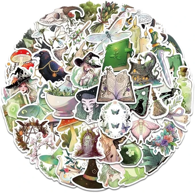 50 Piece Witch Sticker Set, Forest Witch Sticker Set Waterproof Stickers Laptop Mobile Phone Scrapbooking Suitcase Helmet Motorcycle Skateboard Car Bike Sticker Bomb