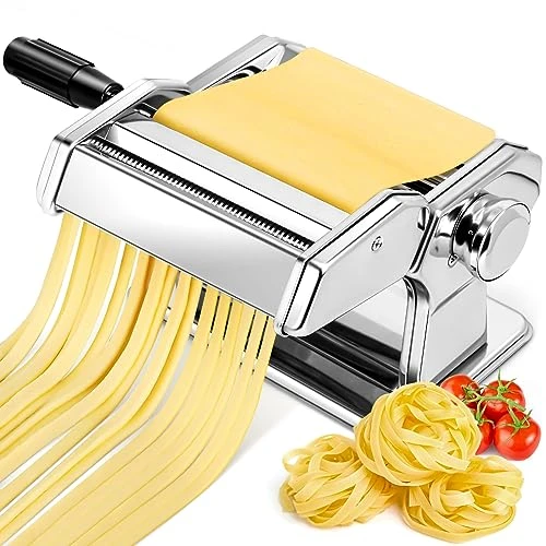 YASHE Machine à Pâtes Manuelle, 7 Épaisseurs Réglables, Machine à Pâtes en Acier Inoxydable avec Rouleau et Cutter, Machine à Pâtes Fraîches à Manivelle à la Main pour Spaghetti, Fettuccini, Lasagnes
