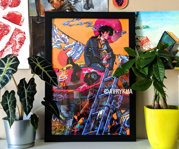 Spike's Long Day - Impression affiche 12 x 18 po, 16 x 24 po. - illustration, art mural, espace, cow-boy, art, peinture, cadeau