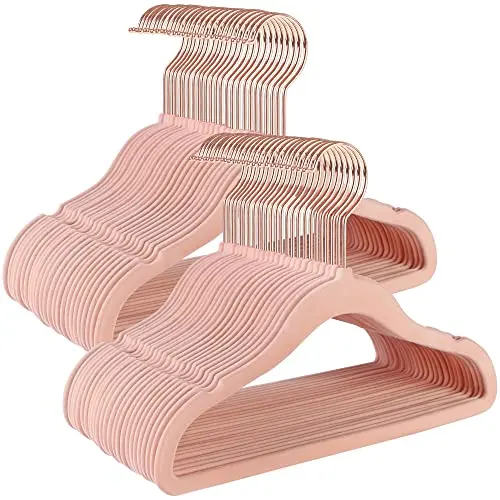 SONGMICS Cintres Enfants, Lot de 50, en Velours, avec Crochets Rose Gold, Antiglisse, Modèle Enfant, pour Jupes, Robes, Pantalons, T-shirts, Rose Clair CRF027P01