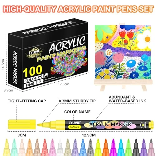 Lyuvie Feutre Acrylique, 100 Couleur Marqueur Peinture Acrylique pour Textile Verre Galets Métal Tissu Bois Céramique, Permanent Stylo Peinture Acrylique avec Pointe Extra Fine de 0,7 mm