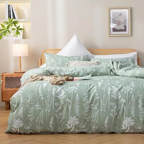 Tospass Sets de Housse de Couette 220x240 Blanc Vert Fleurs Feuilles Ensemble Literie Floral Linge de Lit 2 Personne Microfibre Parure de Lit avec Fermeture Éclair Adulte avec 2 Taies d'oreiller 65x65