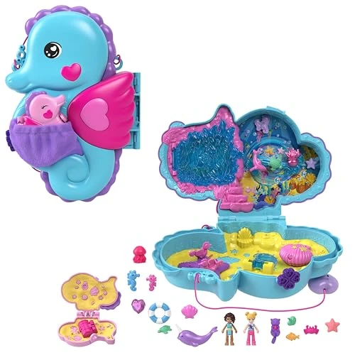 Polly Pocket Papa et moi Coffret sac surprises hippocampe avec poupées, animaux et 13 accessoires, jouet 2 en 1 sac à main à porter et poupée Shani, HWP03