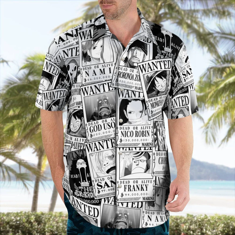 Anime One Piece Manga Wanted Hawaiian Shirt Black and White - Tropi Hawaiian Shirts