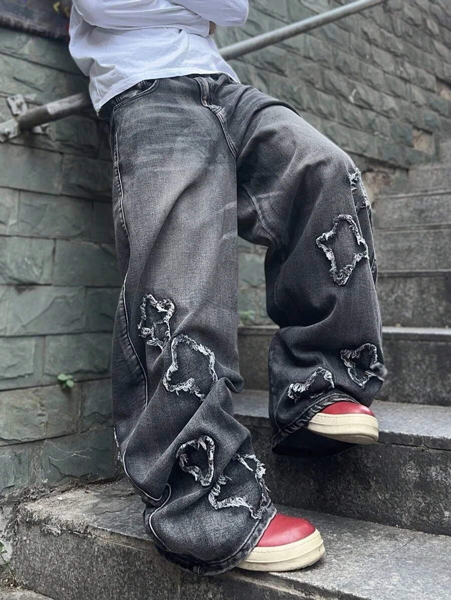 PAVTROS Jeans décontractés pour hommes à taille basse, avec bord brut, motif étoile, coupe ample et jambes larges. Idéal pour les sorties, les rencontres, le collège, les vacances et le style Emo. | Mode en ligne | SHEIN FRANCE