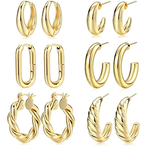 17 MILE | 6 Pairs 14K Gold Plated Hoop Earrings