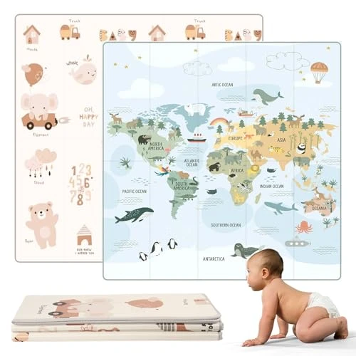 HuBorns - Tapis Bebe Pliable 200x180, Tapis d'Eveil Bebe Reversible avec Bord Renforcé pour Plus Sécurité, Tapis de Jeux Bebe Epais avec Protection Anti-Chute, Tapis Exterieur Lavable (Carte)