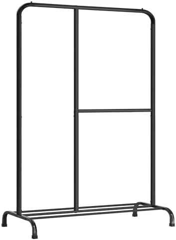 SONGMICS Portant à Vêtements avec Roulettes, Tringle Extensible pour Charge Lourde, Porte-manteau, Rangement Vêtement, Capacité de Charge 90 kg, Montage Facile, Noir HSR13BKV1