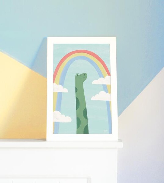 Dino Rainbow - art mural de pépinière, illustration originale, déco de chambre d’enfants, impression d’art, décor de mur