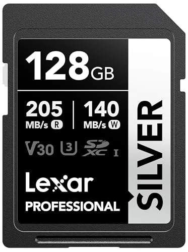 Lexar Silver Carte SD 128Go, UHS-I Carte SDXC Jusqu'à 205 Mo/s en Lecture, 140 Mo/s en écriture, V30, 4K UHD Video, U3, Classe 10, Carte Mémoire SDXC avec Lexar Lifetime Data Recovery