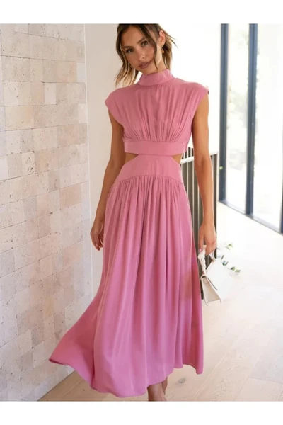 Romina - Robe froncée sans manches à col montant et découpe