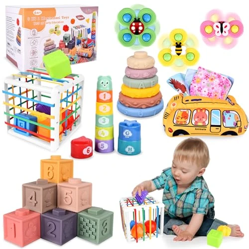 Herenear 6 en 1 Jeux Montessori Bébé Eveil, Jouets Sensoriels, Trieur de Formes, Jouets en Blocs, Boite Mouchoir Bebe, Jouets à Empiler, Jeux Montessori pour Bebe 6 9 12 Mois 1 2 3 Ans
