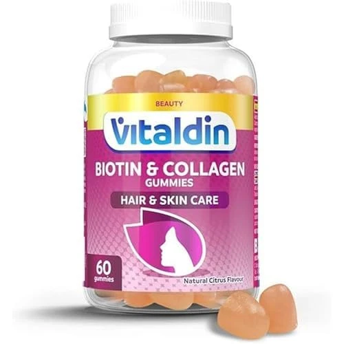 VITALDIN Biotine & Collagène Gummies – Beauté Complément – 2.500 mcg Biotine, Vitamines C et E – 60 Gommes (pour 1 mois), Saveur d'agrumes – Aide à Maintenir les Cheveux et la Peau – Sans Gluten