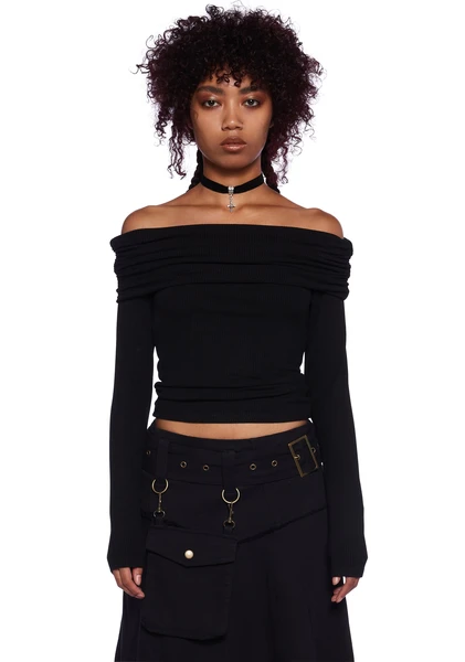 Current Mood Knit Ribbed Off The Shoulder Long Sleeve Top - Black