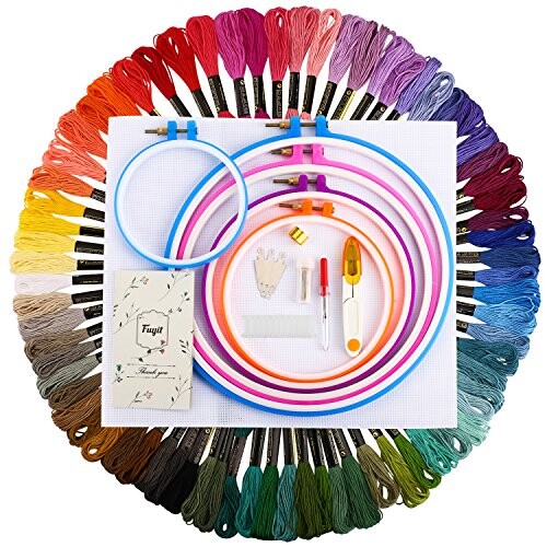 Fuyit Broderie Kit 72 Echevettes de Fils Broderie Fil a Coudre 5 Tambour à Broder 1 Tissu Brodé des Outils Accessoires Point pour Broderie Point de Croix Tricotage Bracelets Brésiliens