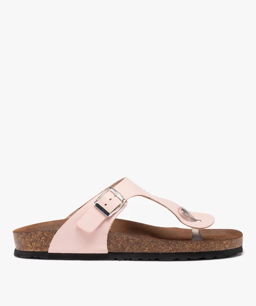 Mules femme à talon plat et bride entre-doigts en cuir
