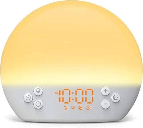 KEPLUG Réveil Lumineux Simulateur d'aube, Eveil Lumière Reveil Matin avec Snooze/Minuteur, Machine Bruit Blanc avec 30 Sons Apaisants, Réveil Lumière Veilleuse Lampe de Chevet pour Enfant/Adulte