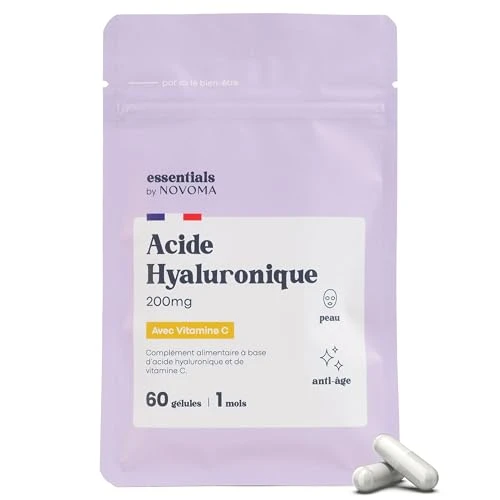 Acide Hyaluronique Pur, 60 Gélules Vegan, Action Anti-Âge + Anti-Rides, 800-900 kDa, Cure de 1 mois, Hydratation de la Peau, Avec Vitamine C, Fabriqué en France, Essentials by NOVOMA