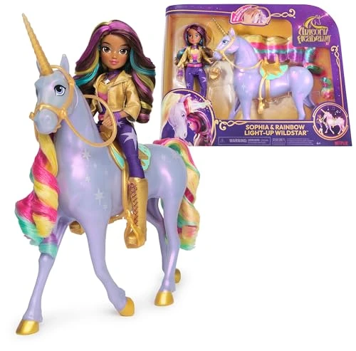 Unicorn Academy - L'Ecole des Licornes - Licorne à Fonctions Wildstar 28 Cm + Poupée Sophia 24 Cm - Avec Sons &amp; Lumières - Jouets Inspirés De La Série L'Ecole des Licornes - Jouet Enfant 4 Ans et +