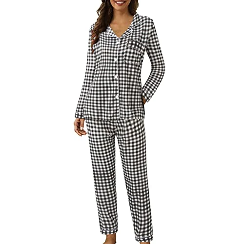 Pyjama en polaire pour femme avec boutons à revers et imprimé écossais à deux manches longues, pyjama à carreaux en flanelle, pantalon de pyjama, Noir , XL