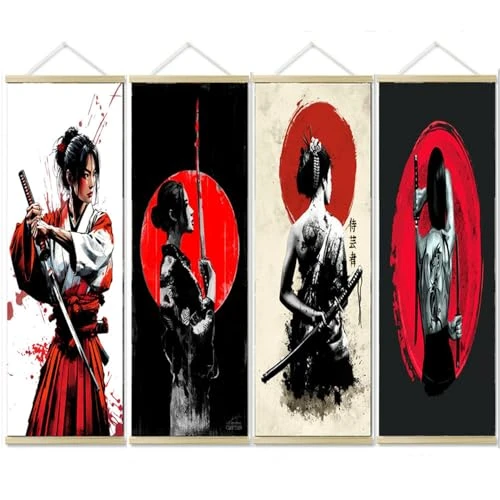 Ukiyoe Lot de 4 affiches et impressions d'art mural Bushido japonais Ukiyoe Samouraï - Peinture sur rouleau en bois - Tapisserie murale à suspendre pour salon, chambre à coucher U1 (30 x 90 cm)