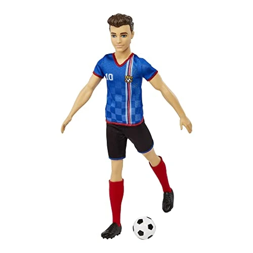Barbie Poupée Ken Footballeur avec Queue de Cheval Blonde, Maillot n° 10, Balle de Foot, Chaussures à Crampons et Chaussettes Hautes, Jouet Enfant, Dès 3 Ans, HCN15