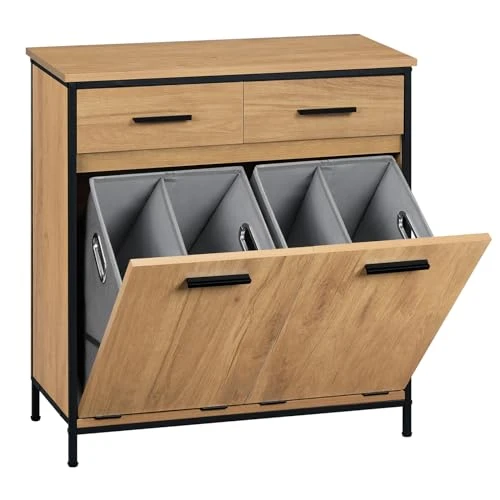 Couloir ► EUGAD Armoire de Salle de Bain, Meuble d’appoint avec 2 Tiroirs, 2 Paniers à Linge Basculants, Placard WC Étroit, en MDF Robuste, Cadre Métallique, Chêne Clair + Noir, 72,5x34x80 cm