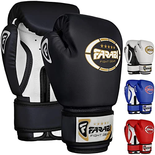 Farabi Sports Gants de Boxe Enfant 4oz 6oz 8oz – Gants Junior pour Muay Thai, Kickboxing, Sparring &amp; Entraînement sur Sac de Frappe (Black/White, 4-oz)