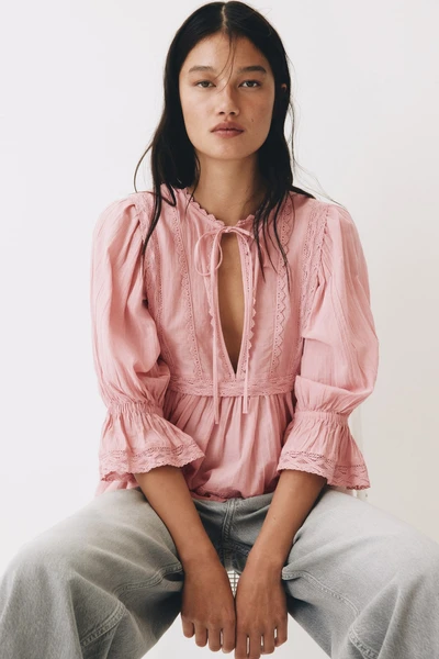 Blouse en coton avec dentelle - Rose - FEMME | H&M FR