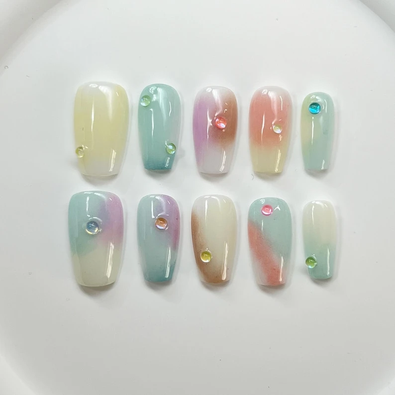 Ongles colorés de gel de gelée d’Ombre de sucrerie | Appuyez sur Nail | Ongles faits à la main | Art des ongles | Faux ongles | Clous de cercueil