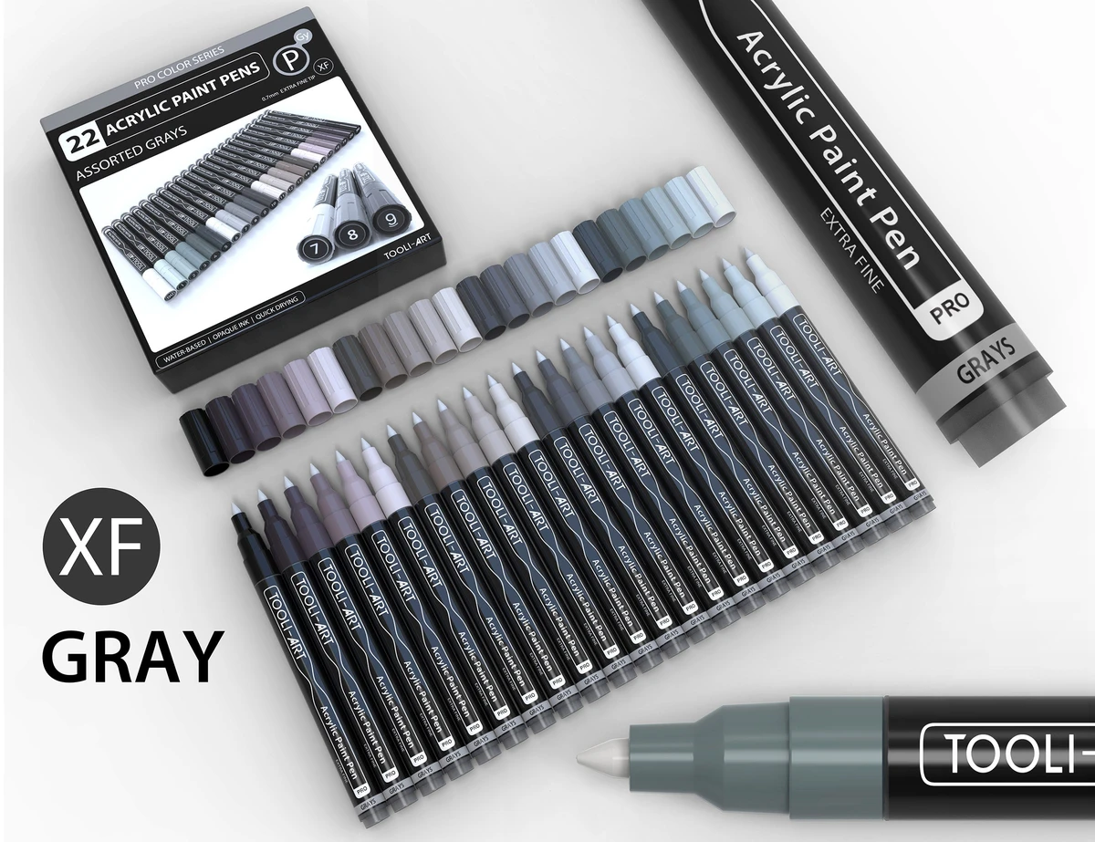 Acrylic Paint Pens 22 Assorted Gray Pro Color Series Specialty Markers Set (0.7mm EXTRA FINE)
