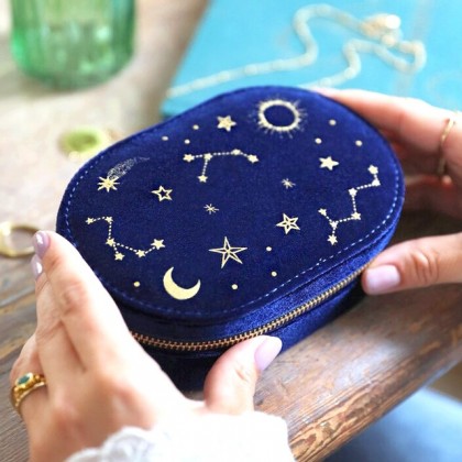 Boîte à bijoux ovale de voyage - Etoiles dorées (marine) | Votre