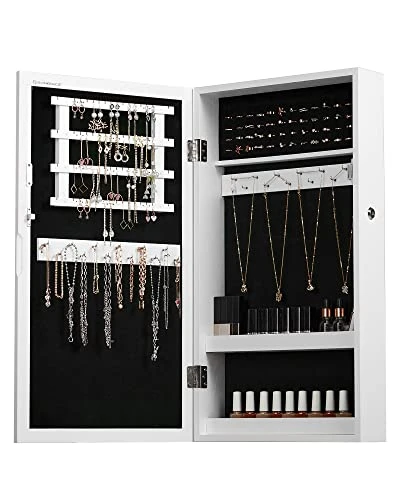 SONGMICS Armoire à Bijoux Murale, Organisateur de Bijoux, Rangement, Verrouillable, avec Miroir, Peu Encombrant, Surface en Blanc et Doublure en Noir JBC51W
