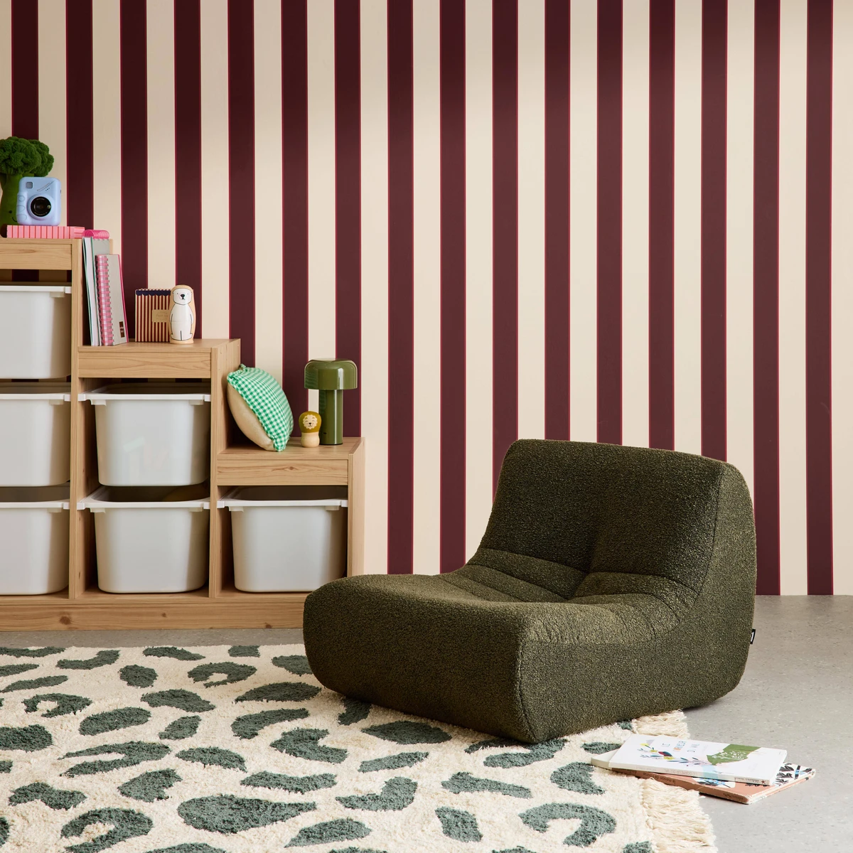 Fauteuil chauffeuse enfant bouclette texturée 1 place kaki | sweeek