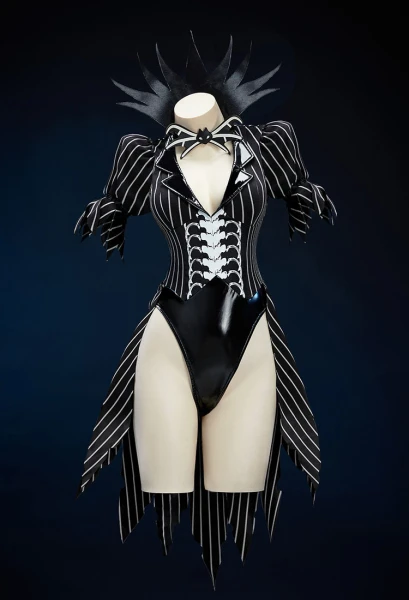 Christmas Nightmare Halloween Sexy Bunny Girl Suit Black White Striped Irregular Bodysuit with Sleeves and Socks