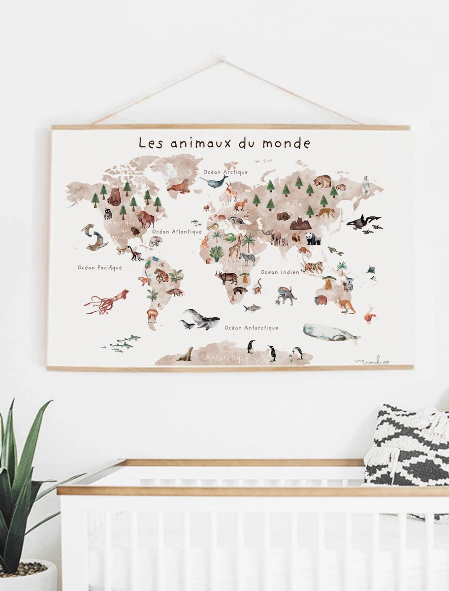 affiche seule GEANTE poster carte du monde animaux français rentrée scolaire education apprentissage