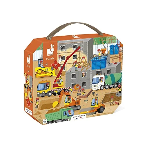 Janod - Puzzle Enfant Le Chantier 36 Pièces - Jeu Educatif Motricité Fine et Concentration - Valisette Poignée - Fabriqué en France et Certifié FSC - Dès 4 Ans, J02604