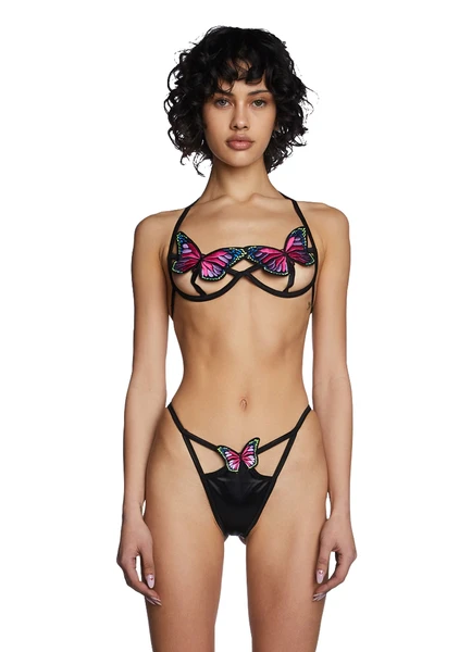 Club Exx Butterfly Embroidered Cut-Out Lingerie Set Black