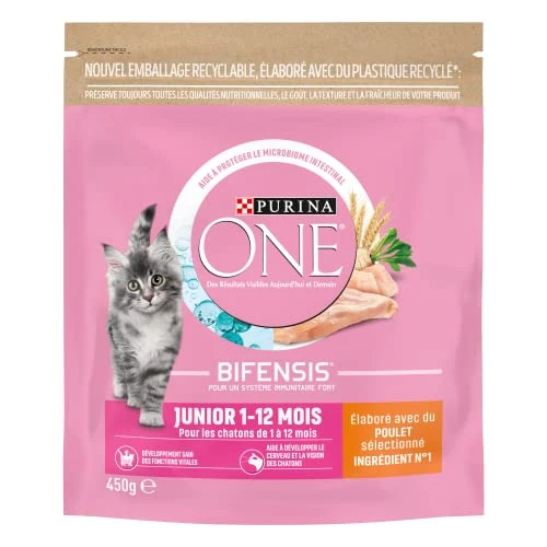 PURINA ONE Bifensis Junior | Croquettes Au Poulet pour Chaton | Sac de 450g | Lot de 10