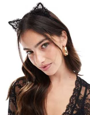 Pieces - Halloween - Serre-tête à détails oreilles en dentelle - Noir
