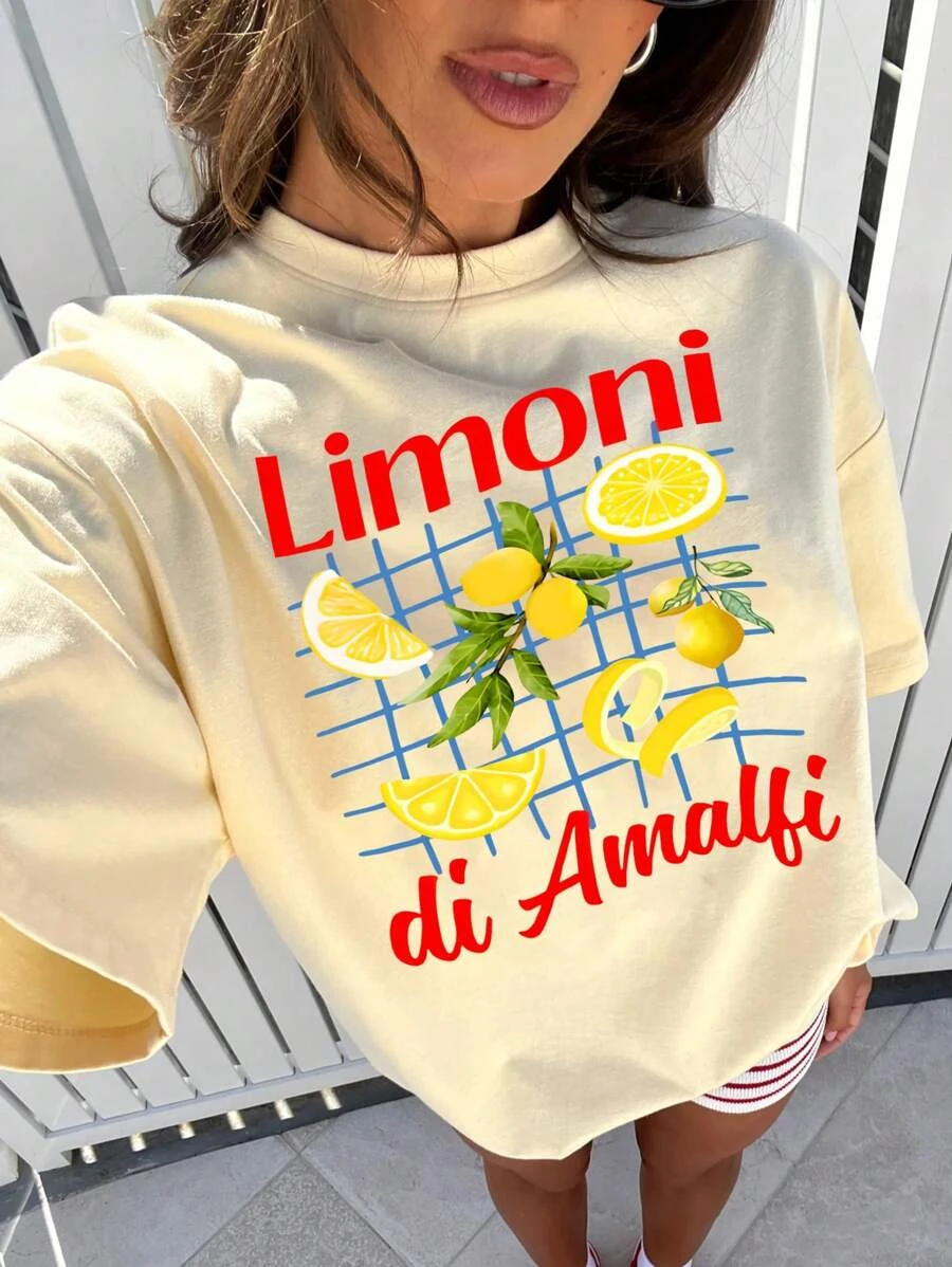 T-shirt ample à encolure ras-du-cou pour femmes avec motif de fruits de citron frais, été | Mode en ligne | SHEIN FRANCE