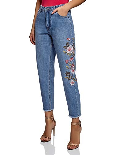 oodji Ultra Femme Jean Mom à Taille Haute et Broderie, Bleu, 28W / 32L (FR40 = M)