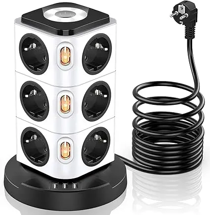 Multiprise Electrique avec 4 Interrupteurs,Acodot 12 Prises,Veilleuses de Conception Originale et Parasurtenseur 3 Ports USB, 3M Câble à la Maison et au Bureau
