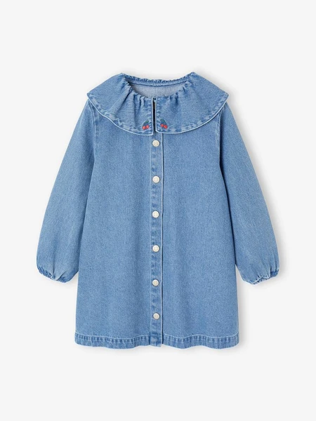 Robe fille en denim col volanté bleu moyen - Vertbaudet