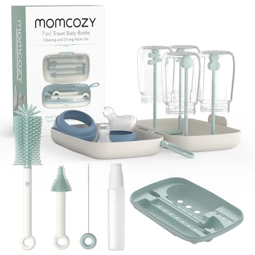 ​​ Momcozy Goupillon Biberon Silicone｜Kit Nettoyage Voyage avec Brosse Tétine + Écouvillon + Boîte de Rangement｜Support Séchage Intégré｜Prêt pour Sortie Bébé​