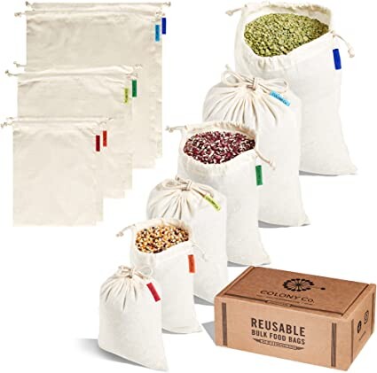 Colony Co. - Sacs à Vrac Réutilisables pour Nourriture en Vrac, le Coton Naturel est Biodégradable, Lavable en Machine, Poids de Tare sur L'étiquette, Lot de 6 Sacs, Emballage Recyclable, Zero Waste