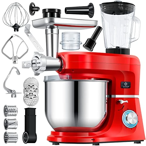 KESSER® Robot ménager universel 3 en 1 K-KM 3 000 avec hachoir à viande, pétrin | Mélangeur multifonction | Extracteur de jus de 1,5 L, Kit pour saucisses, moules pour pâtes et biscuits, rouge